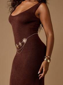 MISSGUIDED Women Knit Maxi Dress Bodycon Silhouette Sleeveless Ribbed Tank Style With Metallic Chain Belt Scoop Neck Floor Length Fall Winter Party Cocktail Evening