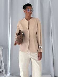 AiiRZ Damen Blazer ohne Kragen für den Büroalltag, professionelle Geschäftsjacke mit stilvollem gerafftem Ärmeldetail, moderne minimalistische Abendparty Formelle Oberbekleidung