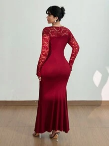 Viva Relle Plus Size Women's Burgundy Autumn Elegant Formal Wedding Guest Cocktail Gown,Vintage Lace Patchwork Long Sleeve Ruched Hip Flowy Fitted Party Dress - Burgundy - View 2