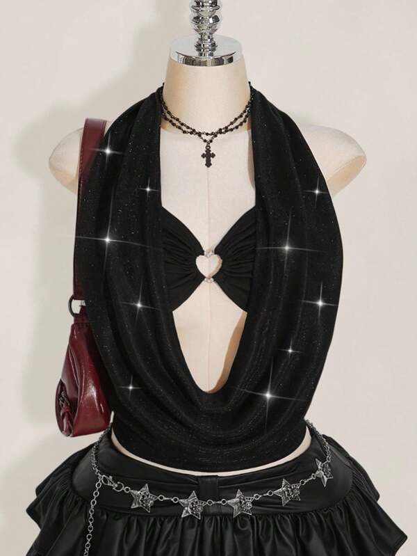 SHEIN ICON Chaleco con espalda descubierta, con forma de corazón hueco, decorado con cristales, de unicolor, estilo Y2K, sexy, para fiestas, para mujeres de talla grande