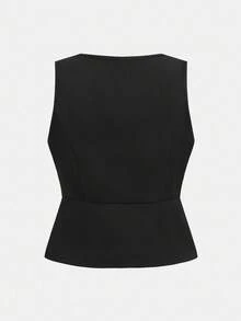 SHEIN Girlism Tween Girls Black Elegant Sleeveless Suit Vest And Pants Set, Commuting Outfit For Summer,Clean Girl, Back To School Season - Black - View 5