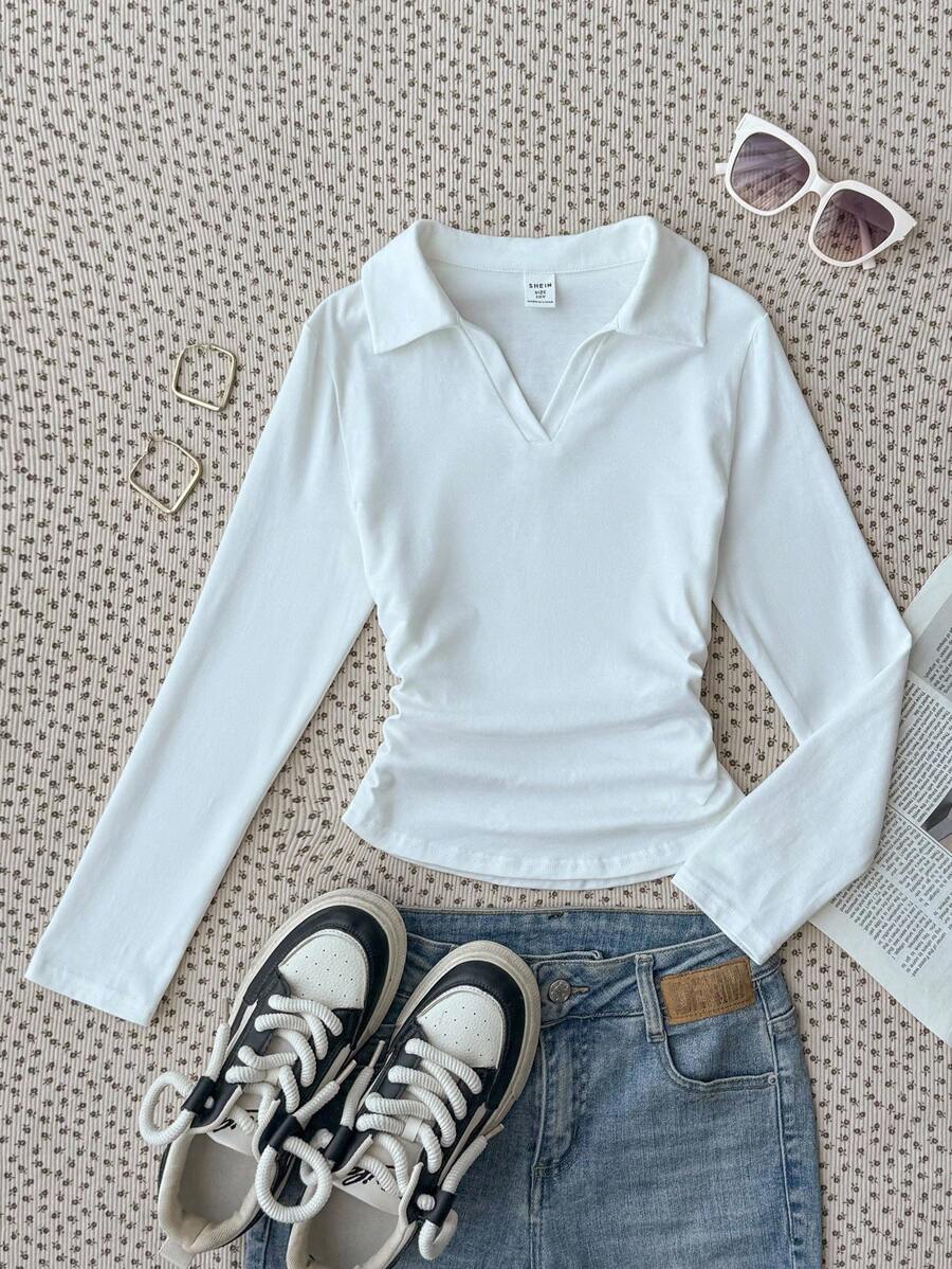 SHEIN Tween Girls White Knit Design Long Sleeve T-Shirt, Fashionable Versatile Casual All-Match Fall Winter - White - View 1