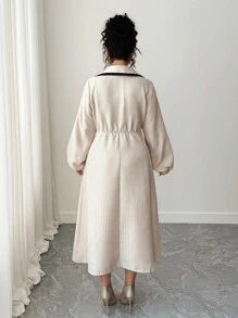 Elenzga 大码女式精致优雅撞色边缘大翻领长袖 A 字连衣裙 - 杏色 - 查看 2