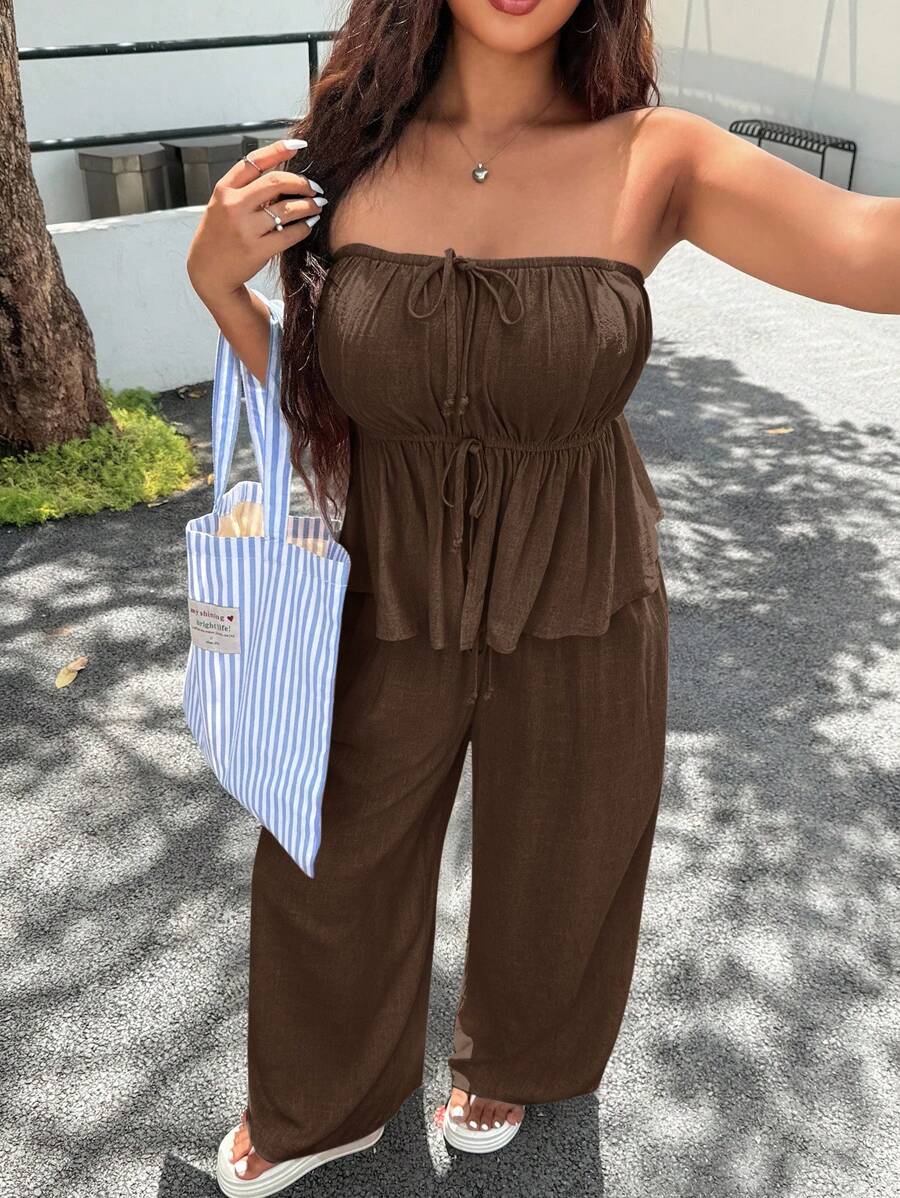 SHEIN EZwear 大码夏季休闲纯色抹胸和裤子两件套 - 棕色 - 查看 1
