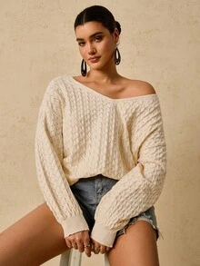 SHEIN VCAY Áo len dài tay rộng cổ chữ V màu mơ cỡ lớn dành cho nữ, áo chui đầu dệt kim có lỗ khoét rỗng, họa tiết, áo len nữ, áo len chui đầu cho nữ, áo len trễ vai, áo len cổ chữ V, áo len thu đông dành cho nữ, áo len nữ cỡ lớn, áo len trễ vai, áo len trắng - Màu be - Xem 6