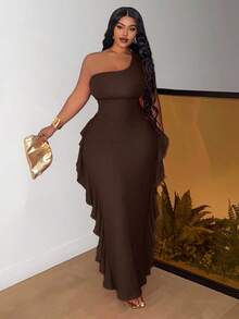 Slaydiva Slayr Elegant Romantic Plus Size Women Comfortable Elastic Textured Fabric One Shoulder Ruffle Patchwork Bodycon Dress - B - Brown - View 3