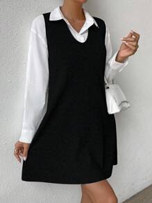 SHEIN LUNE 1pc V Neck Sweater Dress Without Blouse - Black - View 1