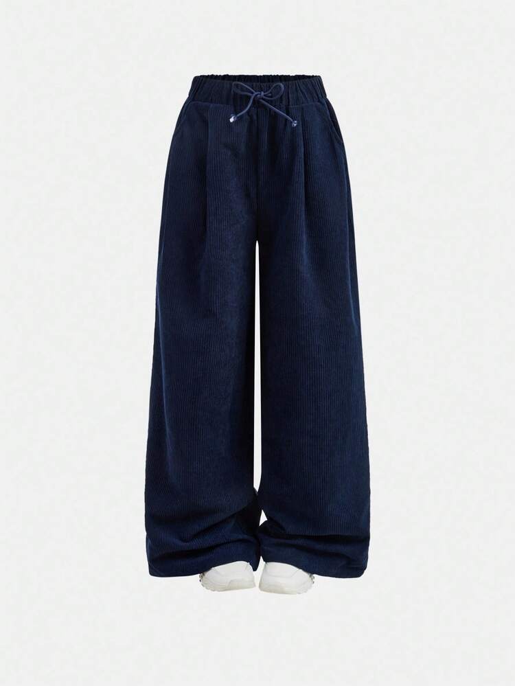 SHEIN 宽松休闲舒适中腰长款超长运动裤，适合少女 - 藏蓝色 - 查看 6