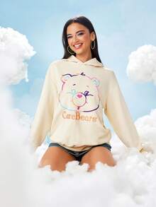 SHEIN X Care Bears Women's Casual Everyday Bear Embroidery Hoodie - White - View 7