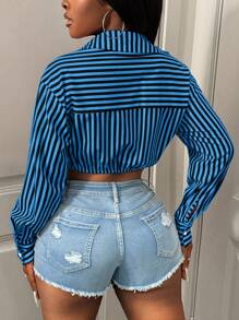 BamGleam Casual Commute Striped Cropped Sexy Shirt Back To School Fashion Fall Cloth For Women - Royal Blue - View 2