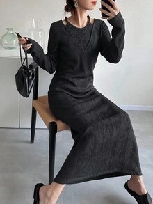 FRIFUL Women's Casual Commuter Solid Color Dress Long Sleeve Dress Ribbed Dress Knit Dress Women Dress Jumper Dress