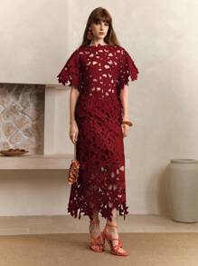Arave 女士水溶性花边镂空定位设计优雅约会长裙度假 - 紅色 - 查看 3