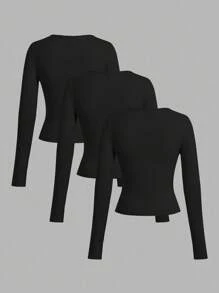 SHEIN EZwear 3 件套女士休闲宽领修身长袖 T 恤套装，适合秋冬季 - 黑色 - 查看 2