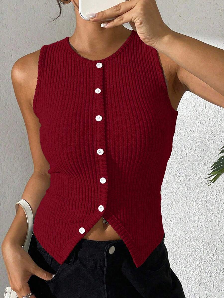 Chiquease Camiseta corta acanalada informal con abertura lateral para mujer - Burdeos - Ver 1