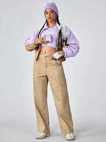 Jeans cargo de couleur unie décontractés pour femmes - Kaki - Voir 3