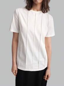 Ontre 2025 New Women's Summer Solid Color Toothpick Stripe Design Round Neck Short Sleeve Casual T-Shirt, Suitable For Spring/Summer Outings, Casual Urban, Minimalist Fashion, Urban Commute, Elegant Simplicity, Teacher's Day Outfit