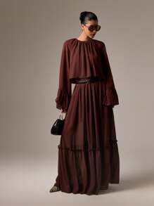 AiiRZ Elegant Long Sleeve Chiffon Maxi Dress Bohemian Style Flowing Ruffle Detail Tiered Evening Dress Wedding Guest Fall Winter Modest Full Length Gown Holiday Party - Brown - View 1
