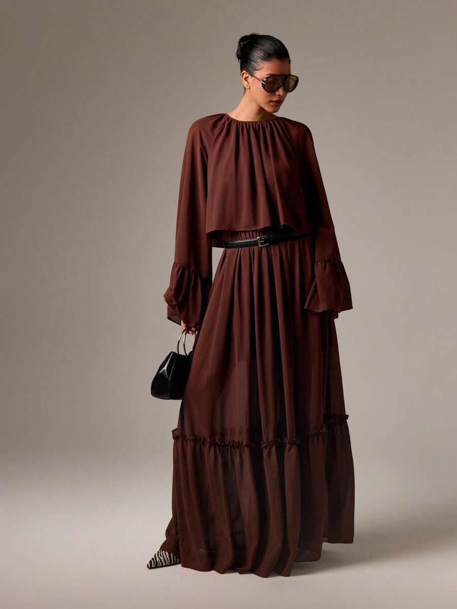 AiiRZ Elegant Long Sleeve Chiffon Maxi Dress Bohemian Style Flowing Ruffle Detail Tiered Evening Dress Wedding Guest Fall Winter Modest Full Length Gown Holiday Party - Brown - View 1
