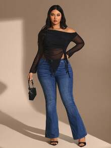 Hourglow Damen Große Größen Mesh Schleife Bluse, elegantes Sommerurlaubs-Outfit, geeignet für Valentinstag, Geburtstag - Schwarz - Übersicht 6