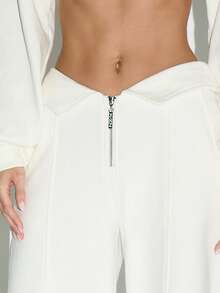 KIZN 前拉链翻折腰带阔腿裤高腰家居服阔腿裤秋冬系列正式休闲裤 - 白色 - 查看 5