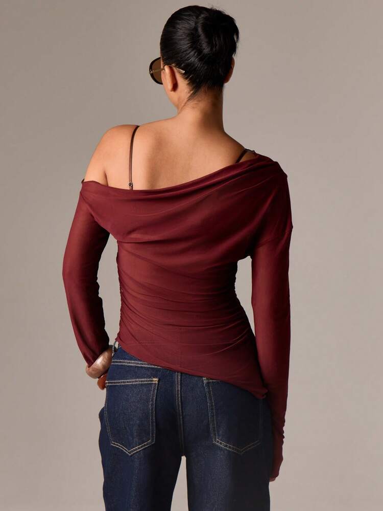 Sheer Mesh Off Shoulder Ruched Long Sleeve Top