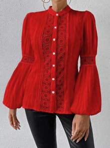 Chiquease Guipure Lace Insert Lantern Sleeve Blouse For New Year Clothes Women Shirt - Red - View 3