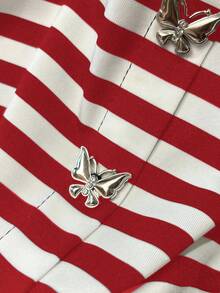 Franclia Elegant U-Neck Short Sleeve Butterfly Hem Slit Waist Striped Knit T-Shirt For Women, Spring/Summer