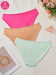 SHEIN 3 件女士简约纯色闪亮光滑三角裤性感低腰透气弹力内衣内裤套装女士比基尼内裤比基尼内衣女士缎面内裤女士内衣套装