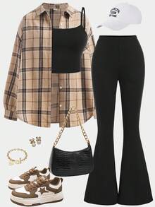 Girlism 少女三件套：卡其色格子长袖衬衫、黑色吊带短款上衣、喇叭裤、休闲运动校园装 - 卡其色 - 查看 1