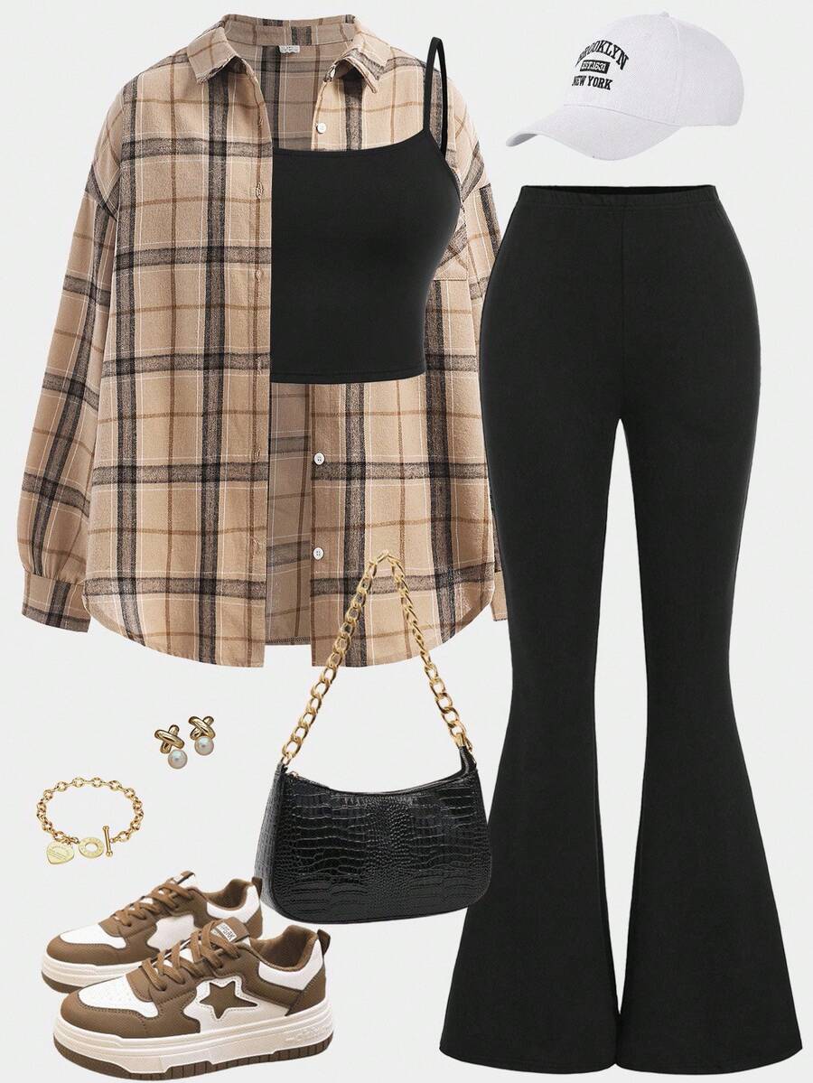 Girlism 少女三件套：卡其色格子长袖衬衫、黑色吊带短款上衣、喇叭裤、休闲运动校园装 - 卡其色 - 查看 1