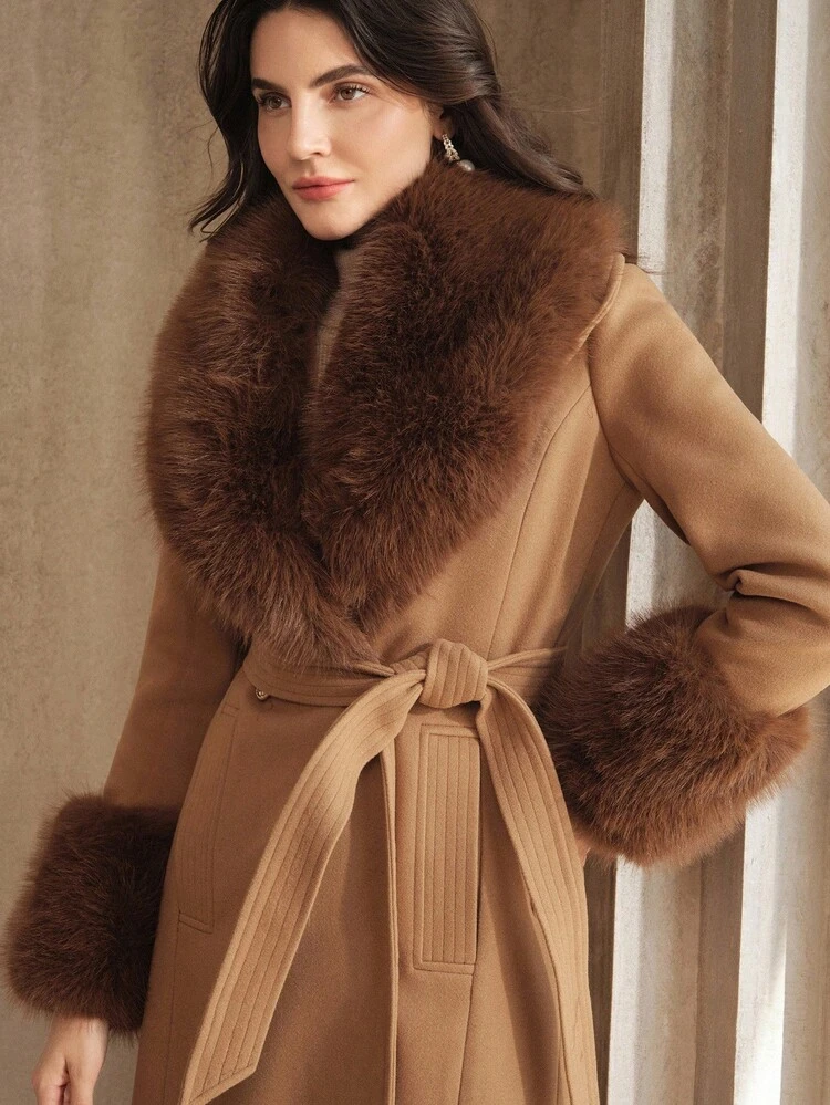 Women's Autumn/Winter Long Faux Fur Collar Detachable Belt Waist Slim Fit Casual Overcoat