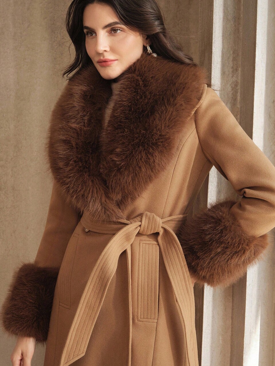 Women's Autumn/Winter Long Faux Fur Collar Detachable Belt Waist Slim Fit Casual Overcoat
