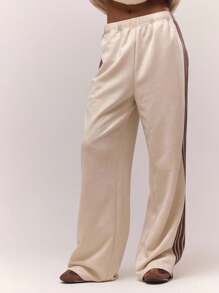 MUSERA Quần jogger ống rộng kẻ sọc, cạp chun bên hông, kiểu dáng cổ điển, dễ thương, đồng quê, phong cách cottagecore, thích hợp mặc nhà đi học cho nữ, màu caramel mùa hè. - Kem - Xem 3