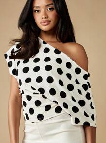 MISSGUIDED Polka Dot Print One Shoulder Puff Sleeve Blouse Elegant Evening Party Top Classic Black White Office Wear Feminine Fashion - Black and White - View 4
