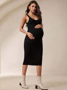 MaterniWear Women Pregnant Plain Crew Neck Sleeveless Bodycon Knit Dress  Office Dress  Work Outfits For Women   Work/Office   Casual - Black - View 4