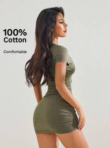 SHEIN PETITE 夏季连衣裙纯色褶皱紧身连衣裙 - 軍綠色 - 查看 2