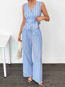 SHEIN Tall 2 pièces Ensemble Top enveloppant rayé et pantalon pour femmes, décontracté et affinant, convient pour l'été et l'automne