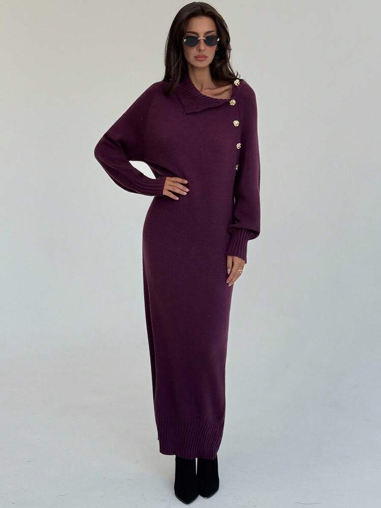 Aloruh 优雅高领蝙蝠袖长款纽扣装饰连衣裙，简约茄子紫色秋冬女装 - 中紫紅色 - 查看 2