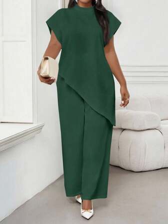 SHEIN Lady 2025 New Plus Size Women Solid Loose Asymmetric Hem Elegant Blouse Winter Valentine's Day New Year Party Green Wedding Guest Batwing Sleeve Top Fall Clothes For Women Green Two Piece Outfit Green Two Piece Set Green Elegant Dress Women Green Dress Curve Womens Green Pantsuit