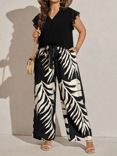 Comfylo 大码女式两件套阔腿裤 休闲装 优雅花卉度假装 女式度假裤 女式黑白裤 女式热带印花裤 大码度假裤 秋季女装 大码秋季服装 返校装 纳什维尔服装 女士教师服装 外出装 女士休闲套装 女士波西米亚风服装 商务休闲女装 曲线乡村上衣 外出装 阔腿裤 女士秋季服装