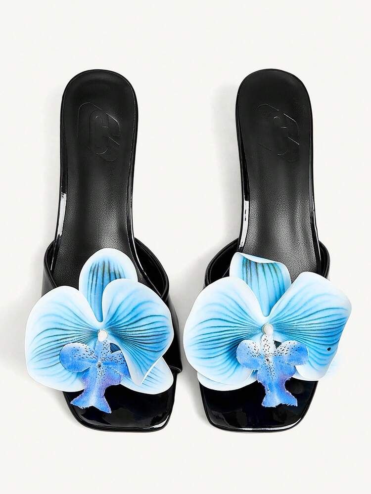 CUCCOO CHICEST Women's Yellow Iris Flower Decor Square Toe Low Kitten Heels Elegant Sandals, Suitable For Vacation, Date, Beach, Boho Summer Outfit