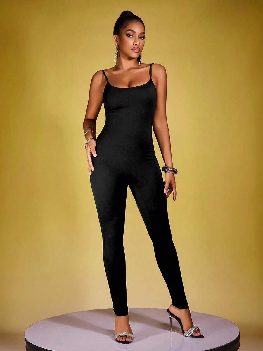 Zyxie Bộ đồ liền thân bó sát màu trơn dành cho nữ, dây mảnh, trang phục thường ngày - màu đen - Xem 1
