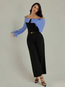 Modelyn Conjunto de 2 Peças Elegante Feminino com Nó de Bambu na Cintura, Design da Moda, Adequado para Primavera, Verão, Outono - Preto - Visão 5