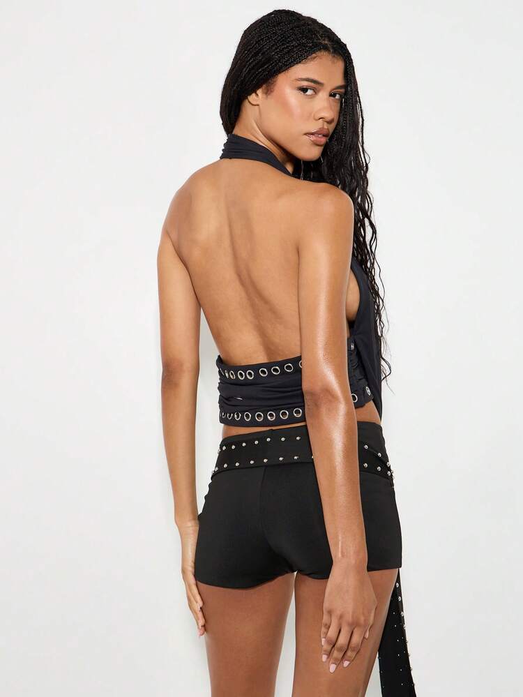 KIZN Halter Neck Wrap Top With Eyelet Belt Detail