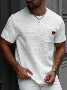 Manfinity CasualCool 男士复古几何提花纯色 T 恤左胸口袋带有徽标，休闲度假派对约会办公室家居户外多功能，是送给男朋友或丈夫的最佳礼物 - 白色 - 查看 4