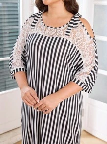 Lacomfia Elegantes Lässig Kleid in Große Größen mit Kontrastspitze, Twist-Schulter und freier Schulter