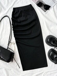 青少年女孩高腰褶裥开衩下摆罗纹针织裙 - 黑色 - 查看 3