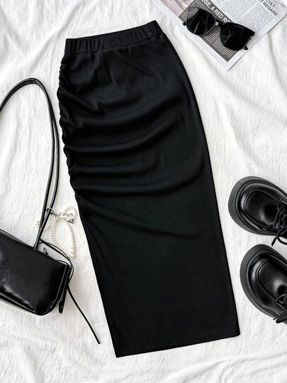 Tween Girl High Waist Pleated Slit Hem Ribbed Knit Skirt Black Clothes Ribbed Skirt Black Skirt Midi Skirt Fall Winter