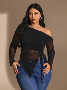 Hourglow Damen Große Größen Mesh Schleife Bluse, elegantes Sommerurlaubs-Outfit, geeignet für Valentinstag, Geburtstag - Schwarz - Übersicht 1
