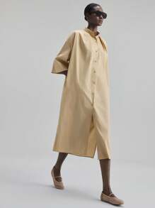 Ontre 2025 秋季女士纯色褶皱落肩长袖单排扣休闲宽松长裙，优雅女士度假装、海滩装、音乐节装、教师装、商务休闲办公装 - 卡其色 - 查看 3